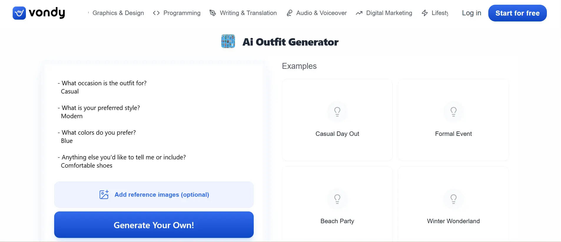 “Vondy AI Outfit Generator by EXRWebflow with custom prompts”